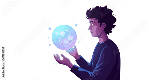 Digital innovator contemplates futuristic holographic technology sphere