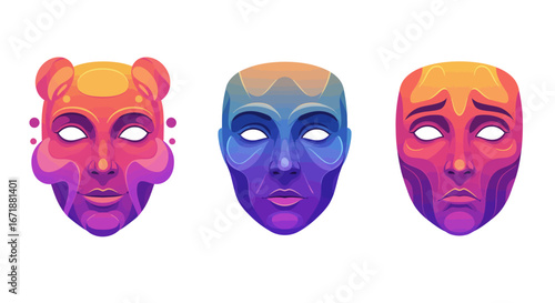 Vibrant gradient masks: abstract faces in modern artistic style