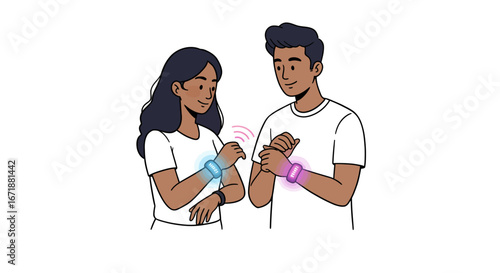 Couple checking smartwatches together in flat style illustration