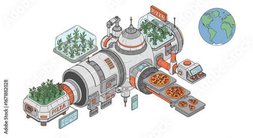 Futuristic isometric pizza making space station with hydroponic garden and earth view