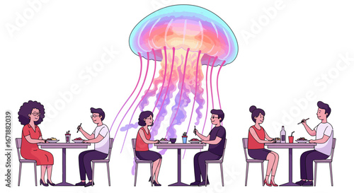Surreal dining: giant jellyfish overhead as couples enjoy meals in vibrant setting