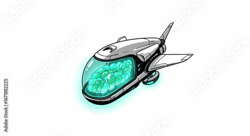 Futuristic spaceship with transparent dome and neon accents on white background