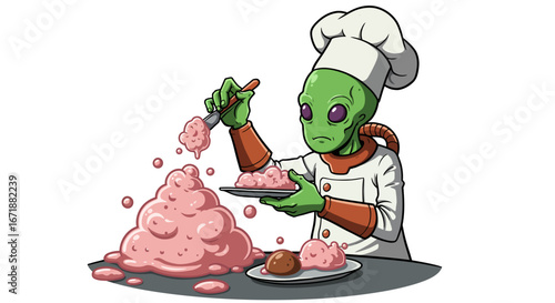 Alien chef creating a bizarre dish in a cartoon culinary adventure