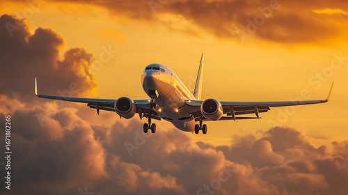A modern passenger airplane taking off into the sky during a stunning sunset. The golden and orange hues of the clouds create a dramatic backdrop as the aircraft ascends, with its landing gear still v