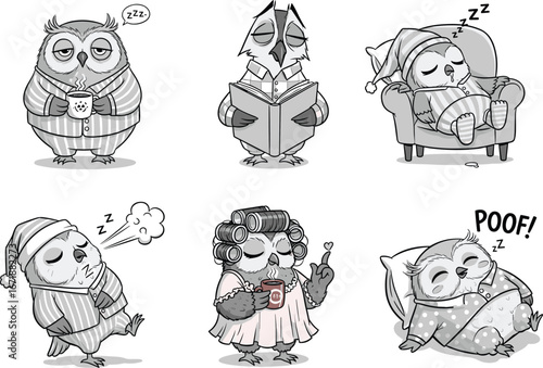 Cute cartoon owls in bedtime pajamas, reading book, sleeping, drinking tea, sleepwalking, cozy night scene, humorous children’s animal illustration