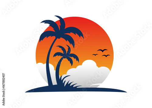 Holiday vacation beach stamplogo Tropical Sunset Logo with Palm Trees design transparent background 