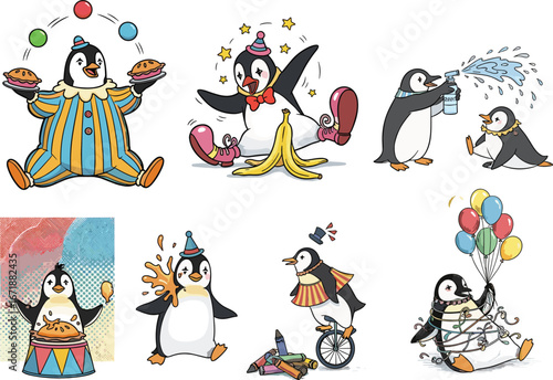 Cartoon penguins in circus acts, juggling, unicycling, spraying water, holding balloons, playful costumes, humorous animal illustration, colorful comedy scene, fun art