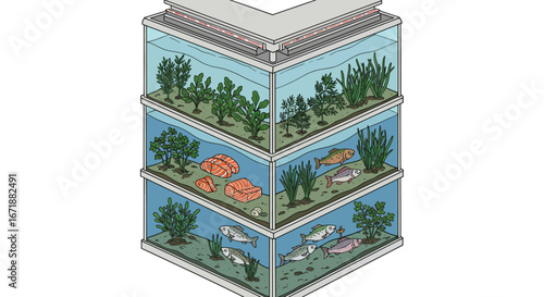 Isometric aquarium corner tank with aquatic plants and fish in layers