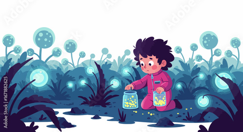 Child collecting glowing orbs in mystical forest with lush foliage at night