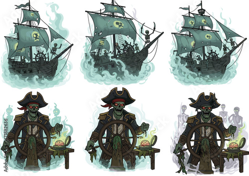 Ghost pirate ships with green sails and skulls in eerie mist, skeletal captain at helm, horror fantasy illustration, glowing eyes
