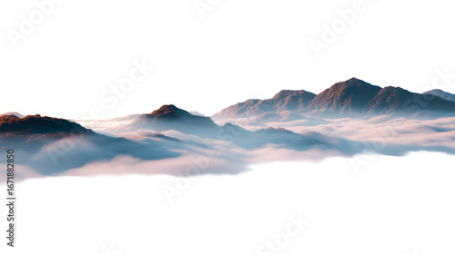 Aerial landscape of fog rolling across sunrise over mountains