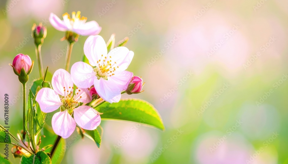 Obraz premium delicate pink flowers and buds in full bloom, set against a soft, blurred background creating a sense of spring and tranquility