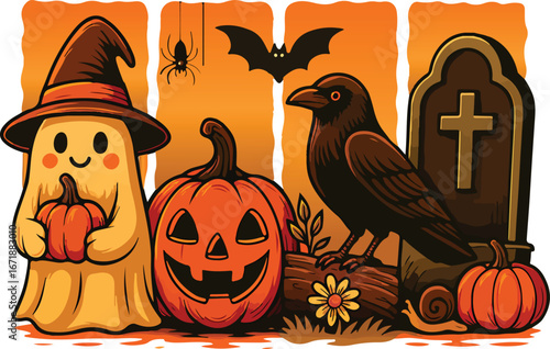 Cartoon Halloween Scene with Ghost, Pumpkin, and Crow