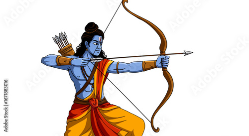 Lord Rama, Hindu deity, aiming bow and arrow, poised for action, vibrant illustration.