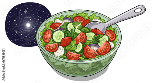 Cosmic salad art: fresh ingredients with galactic background in detailed style