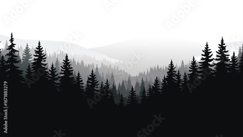 Dark evergreen forest silhouette with misty mountain background