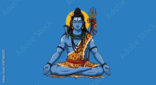 Serene depiction of Lord Shiva in deep meditation, holding his trident.