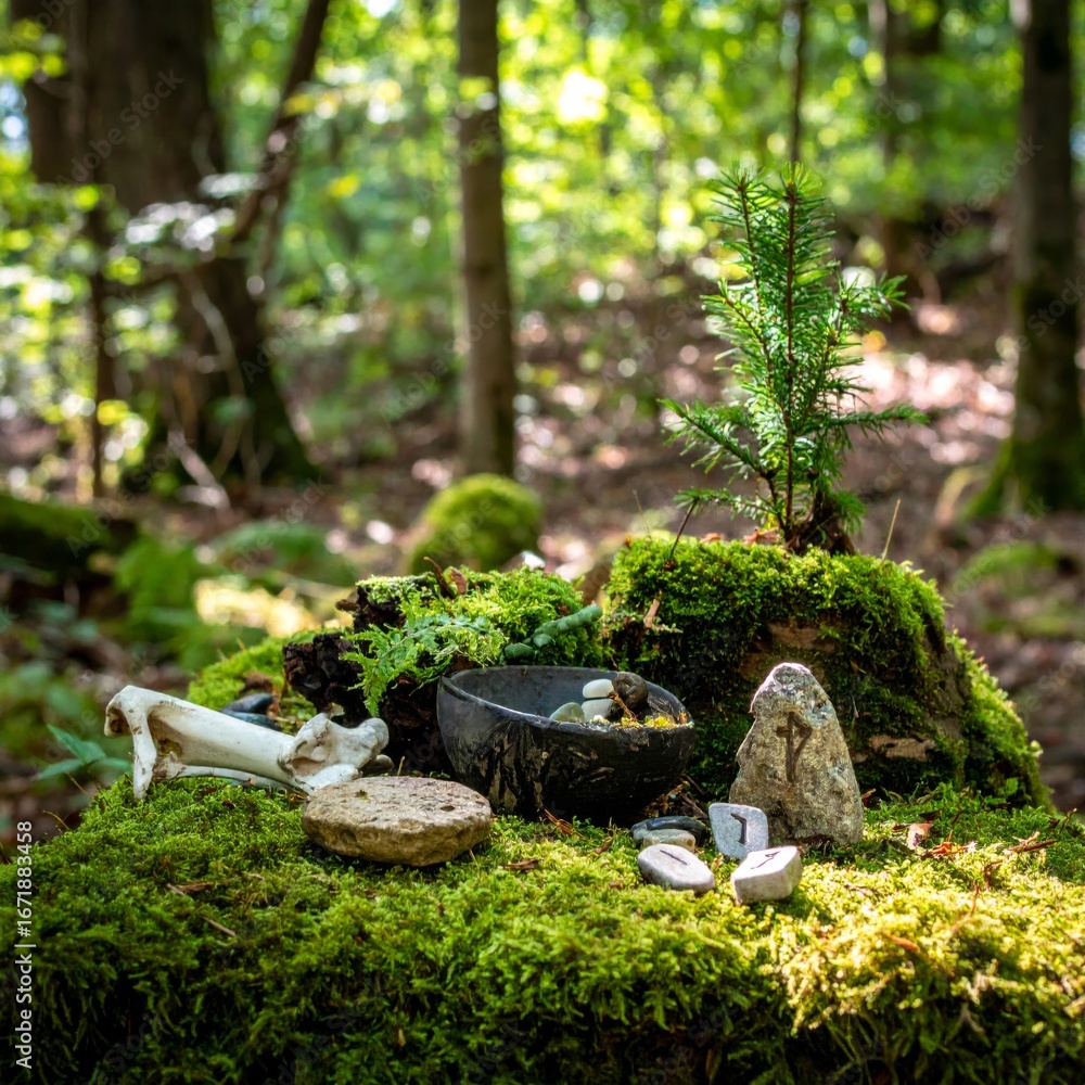 Obraz premium Mystical Forest Altar with Mossy Stump and Runes in Natural Woodland Setting