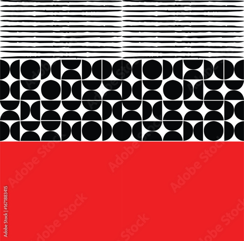 Bold abstract geometric pattern featuring circles, lines, and solid red. A modern, minimalist, and versatile design with a clear nod to Bauhaus aesthetics, perfect for contemporary art and graphic pro