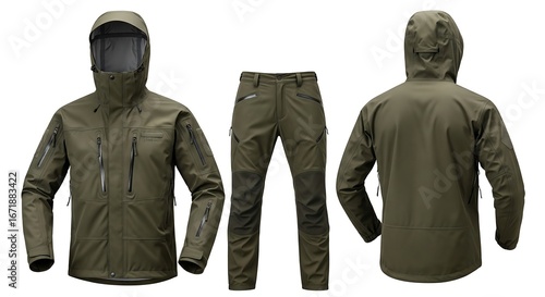 Robust olive green outdoor apparel set a hooded jacket and durable pants designed for extreme conditions. Ideal for adventurers seeking protective, high-performance gear