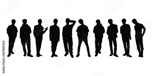Silhouette of a Group of Casual Men Standing in Various Poses