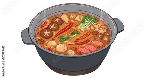 Delicious japanese hot pot with assorted ingredients in a flavored broth