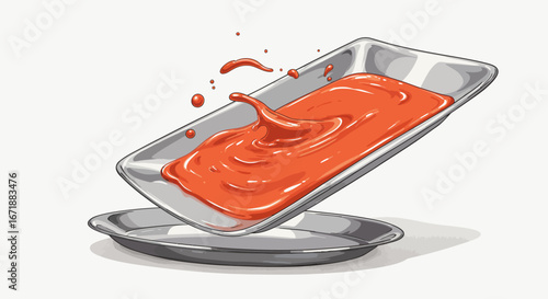 Dynamic splash of sauce on stainless steel tray in mid-air