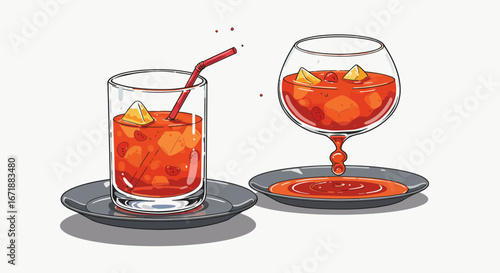 Refreshing beverage design with orange and red tones in detailed cartoon style