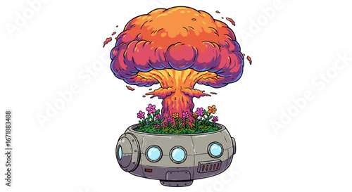 Whimsical explosion with flowers in futuristic pot