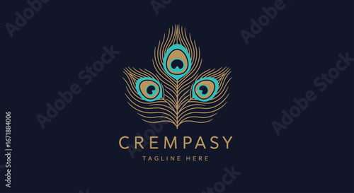 Elegant logo design featuring three stylized peacock feathers in gold and turquoise on a dark blue background, with the text "CREMPASY" and "TAGLINE HERE" below.