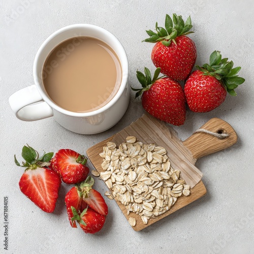 Inviting cup of coffee paired beautifully with fresh strawberries in a low sugar breakfast scene for a healthy start