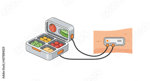 Creative concept of a solar-powered bento box charging fruits