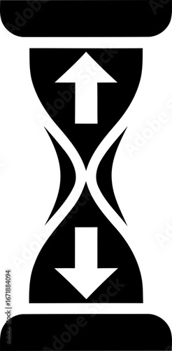 Hourglass icon with up and down arrows symbolizing time passing or flow