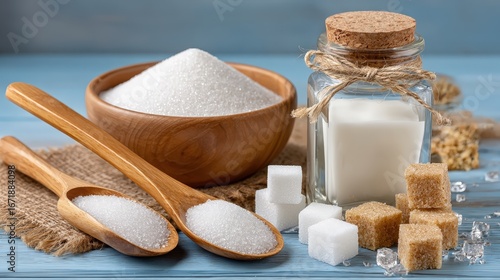 Close-up of sugar and sugar cubes arranged neatly for a realistic photo with copy space for your text needs