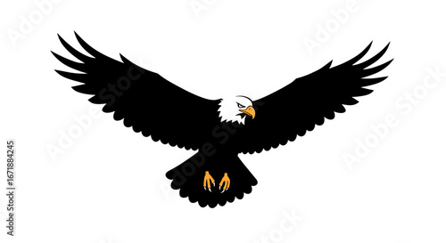 Black and white illustration of a bald eagle soaring with its wings spread wide open.