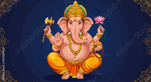 Hindu deity Ganesha, depicted in vibrant colors, seated in a regal pose, holding symbols of power.