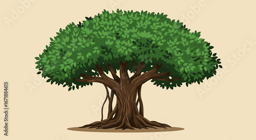 A lush, full-bodied tree with extensive roots, displayed against a light beige background.