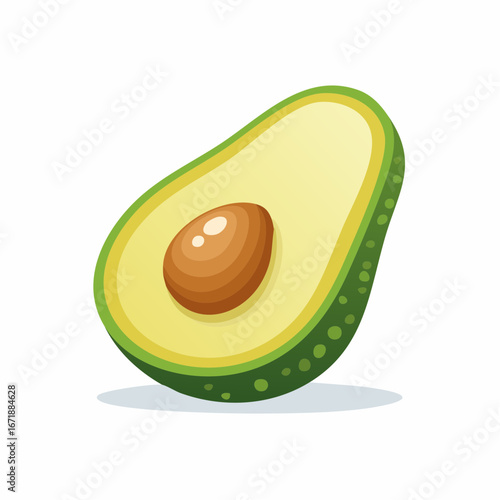 Fresh Avocado: A vibrant half avocado, showcasing its rich green flesh, central seed, and smooth skin in a detailed cartoon-style illustration.