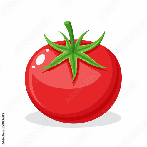 Fresh Tomato: A vibrant illustration of a single, perfectly ripe tomato, showcasing its lush red hue and verdant green stem and leaves, ready to bring flavor and freshness to any dish.