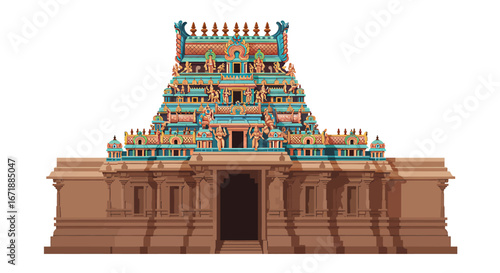 Vibrant South Indian temple illustration, intricate gopuram, detailed facade.