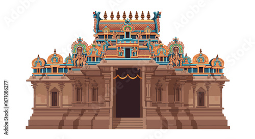 Colorful illustration of a South Indian temple facade, detailed architecture.