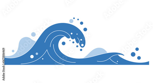 Stylized illustration of a large blue ocean wave cresting with splashes and smaller rolling waves in the background.