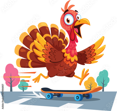 Cartoon Turkey Riding a Skateboard 