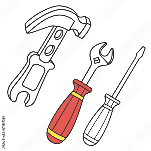 Cartoon hammer, wrench, and screwdriver tools for repair