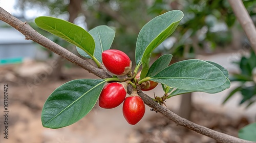 Branch with ripe fruit hanging from a lush tree in a jungle environment surrounded by greenery and natural beauty