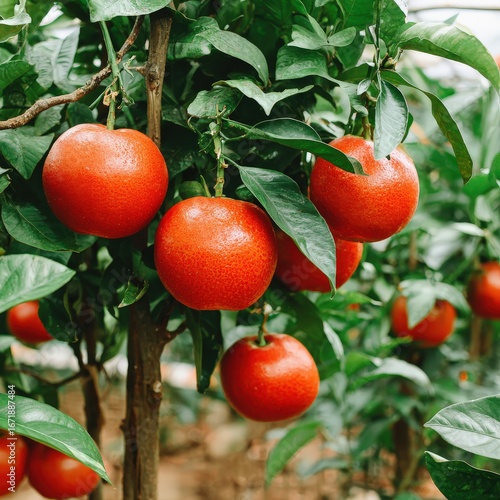Aerial view of a lush orchard landscape with colorful orange fruit hanging from trees surrounded by vibrant nature