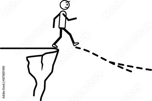 Stick figure risk taking walking off cliff edge illustration