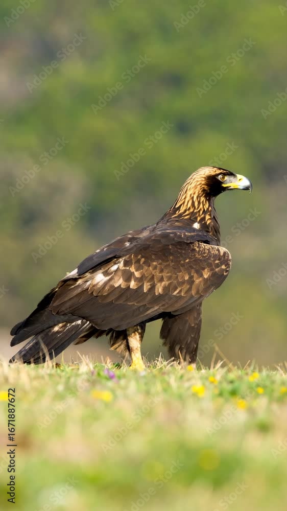 A majestic golden eagle stands alert on a grassy hilltop. A majestic golden eagle stands alert on a grassy hilltop.