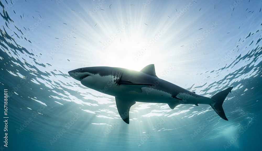 Obraz premium Animals: great white shark swimming near ocean surface, photographed from below looking upward toward sunlight.