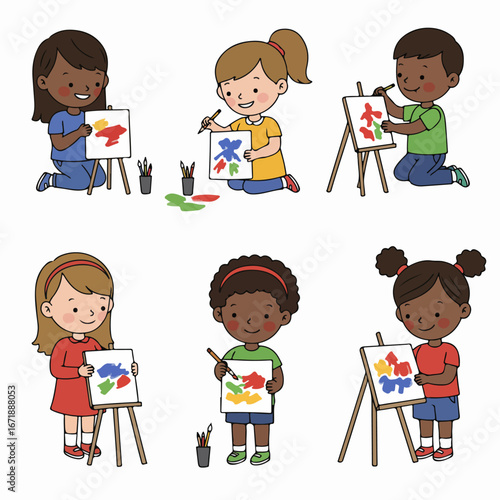 Happy cartoon children having a fun pillow fight, illustrating playful childhood moments and joyful domestic activity.